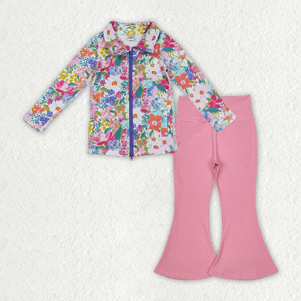 NO MOQ RTS GLP2893 Baby Girl Clothes Bright Wildflower Floral Print Long Sleeve Zipper Top Solid Pink Flare Pant Set 202610