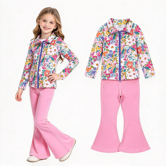 NO MOQ RTS GLP2893 Baby Girl Clothes Bright Wildflower Floral Print Long Sleeve Zipper Top Solid Pink Flare Pant Set 202610