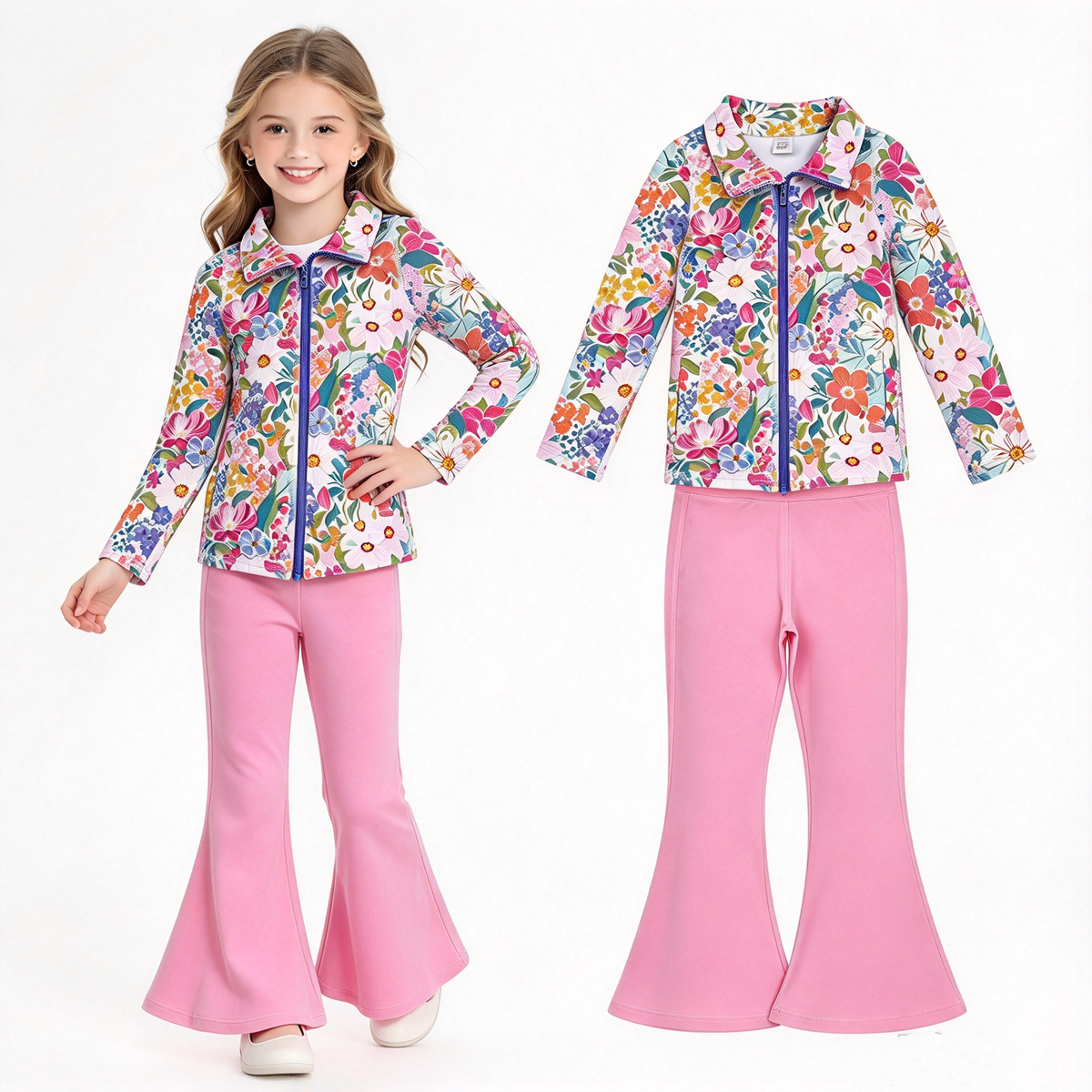NO MOQ RTS GLP2894 Baby Girl Clothes Vibrant Wildflower Floral Print Long Sleeve Full Zip Top Solid Pink Flare Pant Set 202610