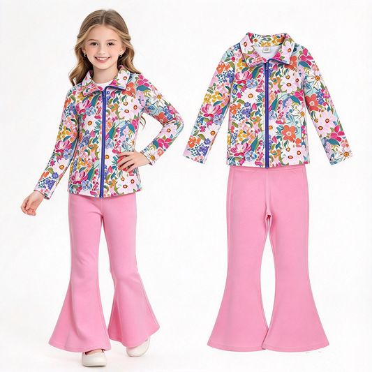NO MOQ RTS GLP2894 Baby Girl Clothes Vibrant Wildflower Floral Print Long Sleeve Full Zip Top Solid Pink Flare Pant Set 202610