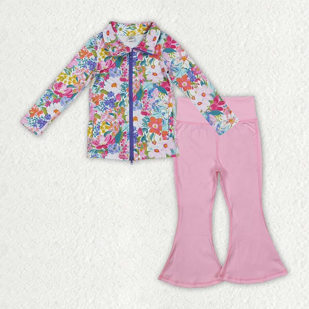 NO MOQ RTS GLP2894 Baby Girl Clothes Vibrant Wildflower Floral Print Long Sleeve Full Zip Top Solid Pink Flare Pant Set 202610