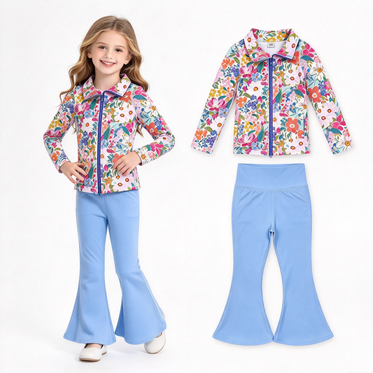 NO MOQ RTS GLP2895 Baby Girl Clothes Vibrant Wildflower Floral Print Long Sleeve Full Zip Top Solid Blue Flare Pant Set 202610