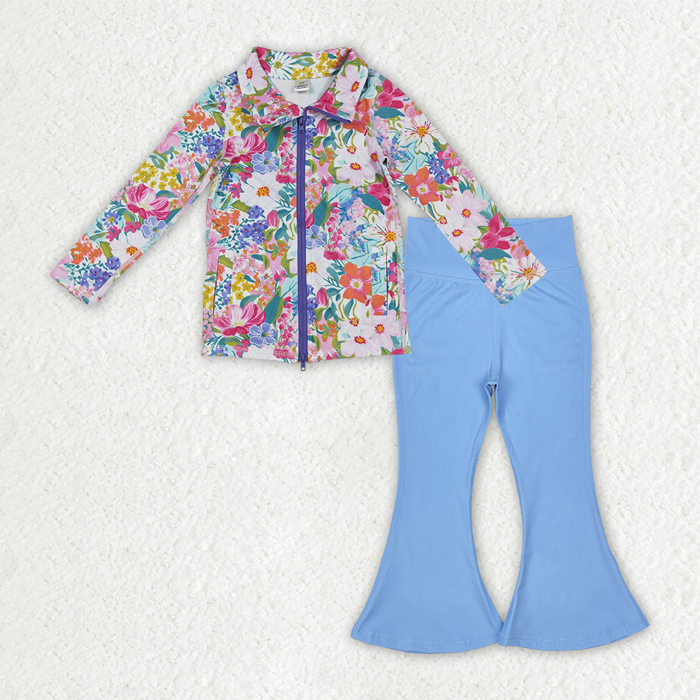 NO MOQ RTS GLP2895 Baby Girl Clothes Vibrant Wildflower Floral Print Long Sleeve Full Zip Top Solid Blue Flare Pant Set 202610
