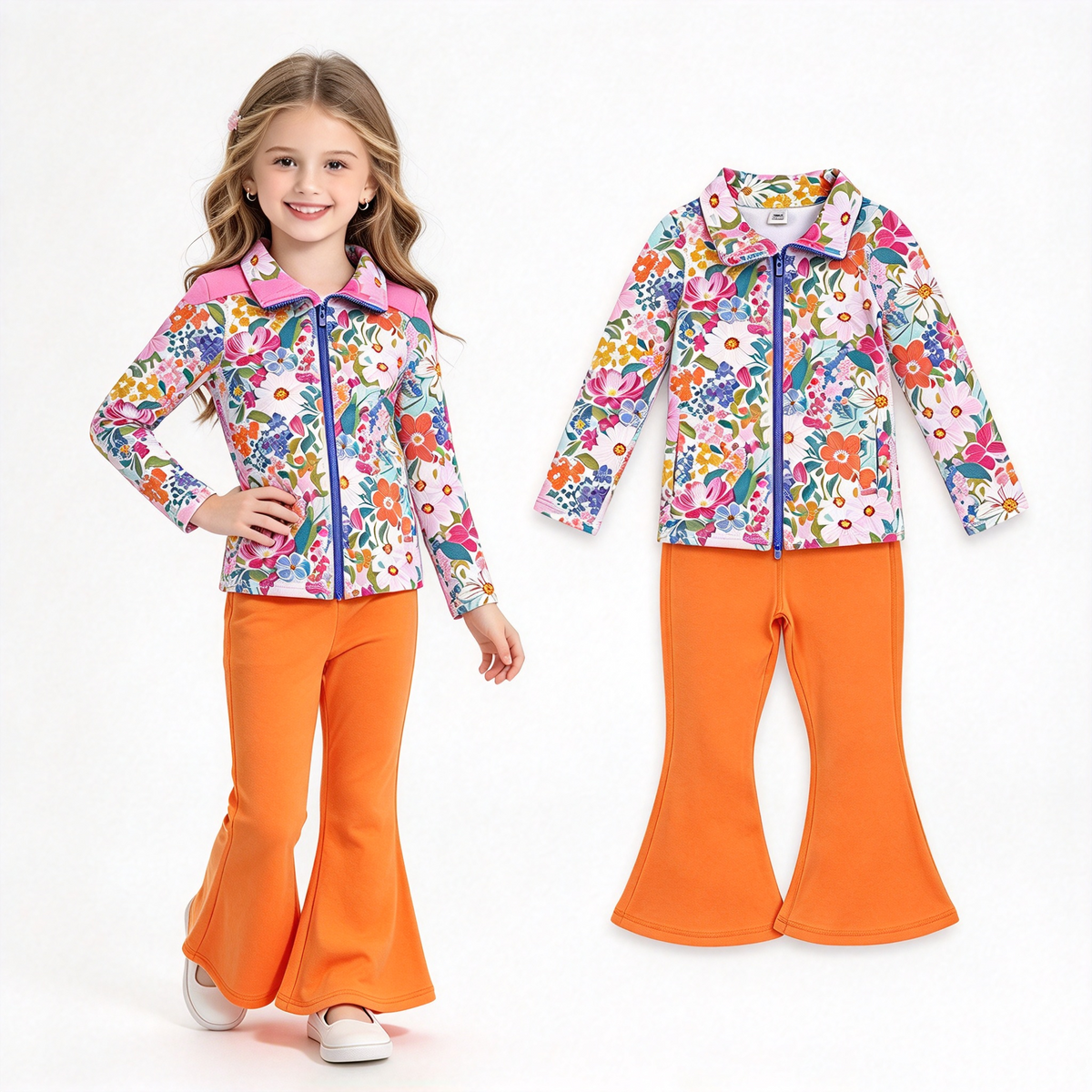 NO MOQ RTS GLP2896 Baby Girl Clothes Vibrant Wildflower Floral Print Long Sleeve Full Zip Top Solid Orange Flare Pant Set 202610