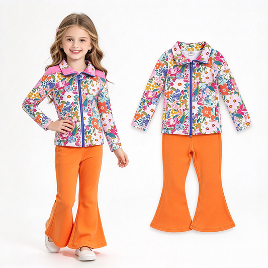 NO MOQ RTS GLP2896 Baby Girl Clothes Vibrant Wildflower Floral Print Long Sleeve Full Zip Top Solid Orange Flare Pant Set 202610
