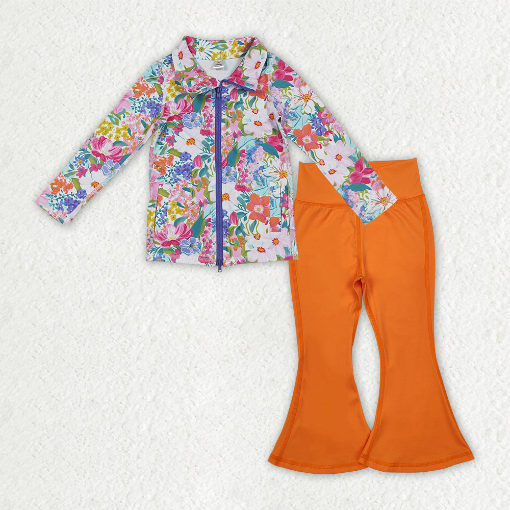 NO MOQ RTS GLP2896 Baby Girl Clothes Vibrant Wildflower Floral Print Long Sleeve Full Zip Top Solid Orange Flare Pant Set 202610