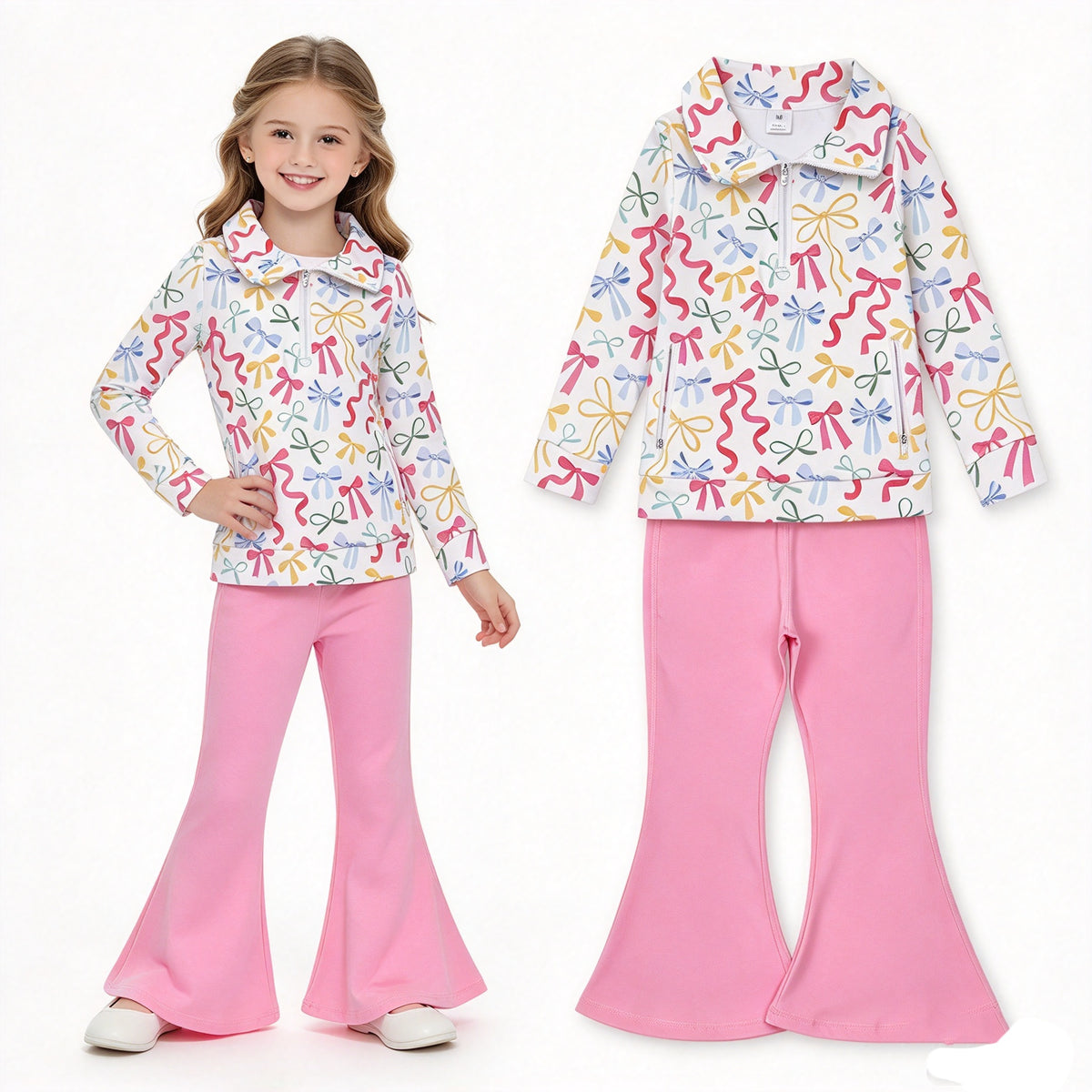 NO MOQ RTS GLP2897 Baby Girl Clothes Colorful Ribbon Bow Print Long Sleeve Half Zip Top Solid Pink Flare Pant Set 202610