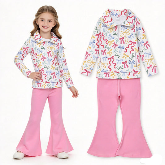 NO MOQ RTS GLP2897 Baby Girl Clothes Colorful Ribbon Bow Print Long Sleeve Half Zip Top Solid Pink Flare Pant Set 202610