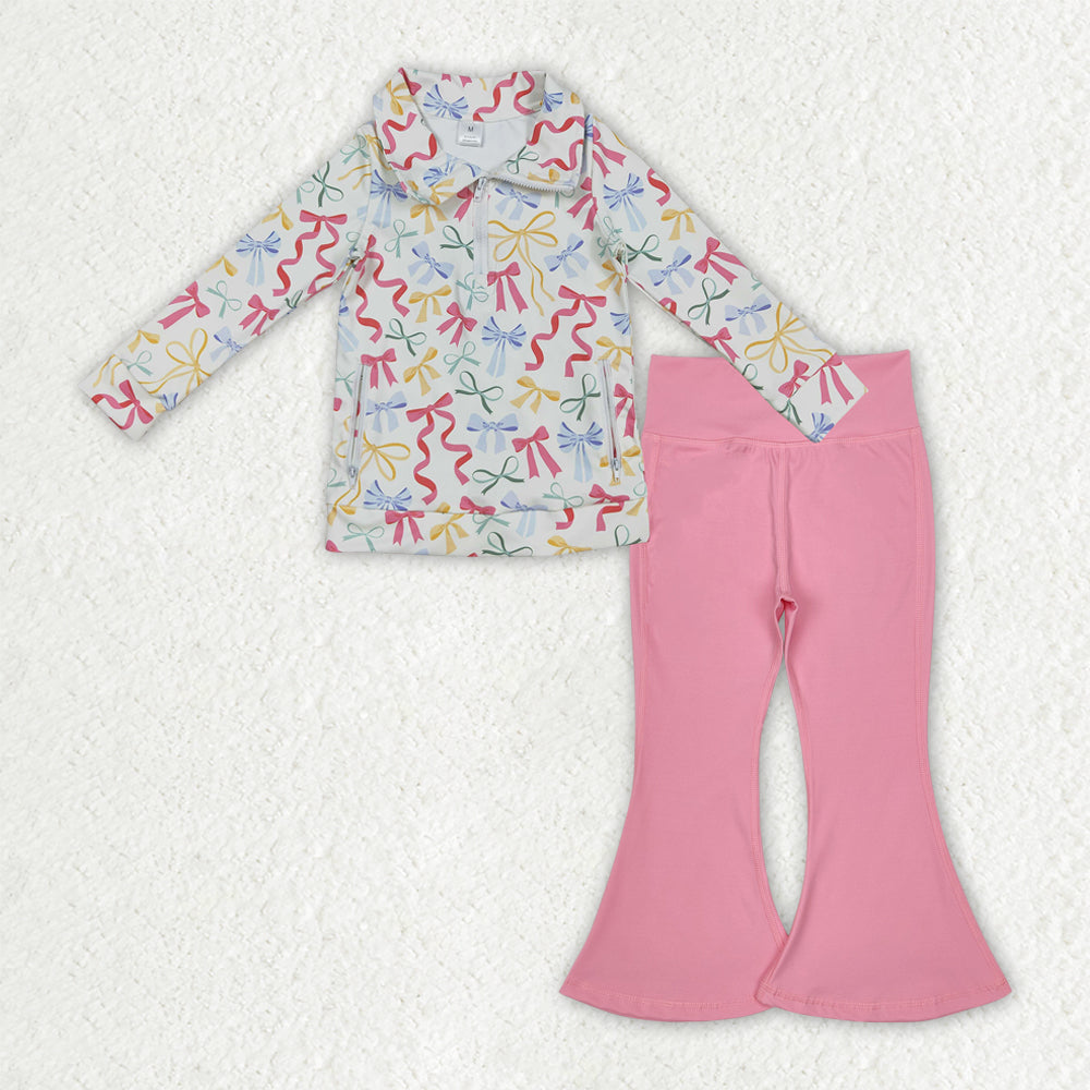 NO MOQ RTS GLP2897 Baby Girl Clothes Colorful Ribbon Bow Print Long Sleeve Half Zip Top Solid Pink Flare Pant Set 202610