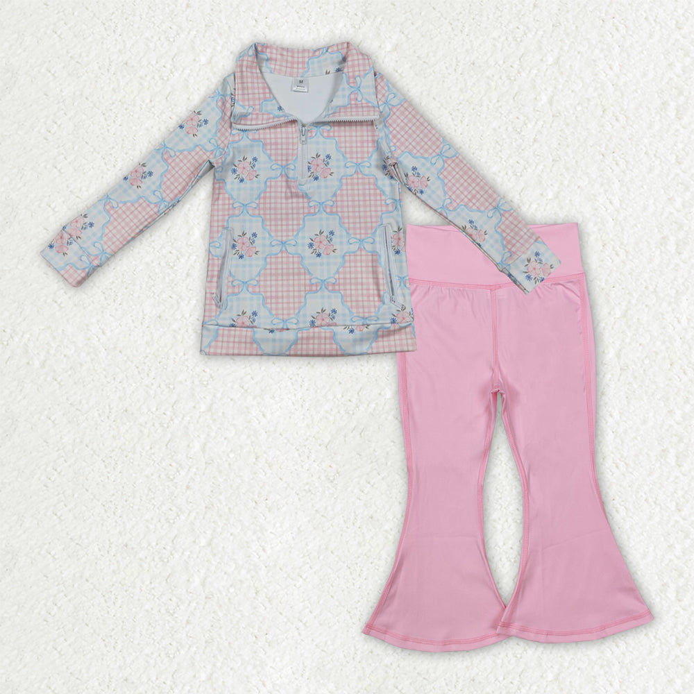 NO MOQ RTS GLP2898 Baby Girl Clothes Gingham Plaid Floral Bow Print Long Sleeve Half Zip Top Solid Pink Flare Pant Set 202610