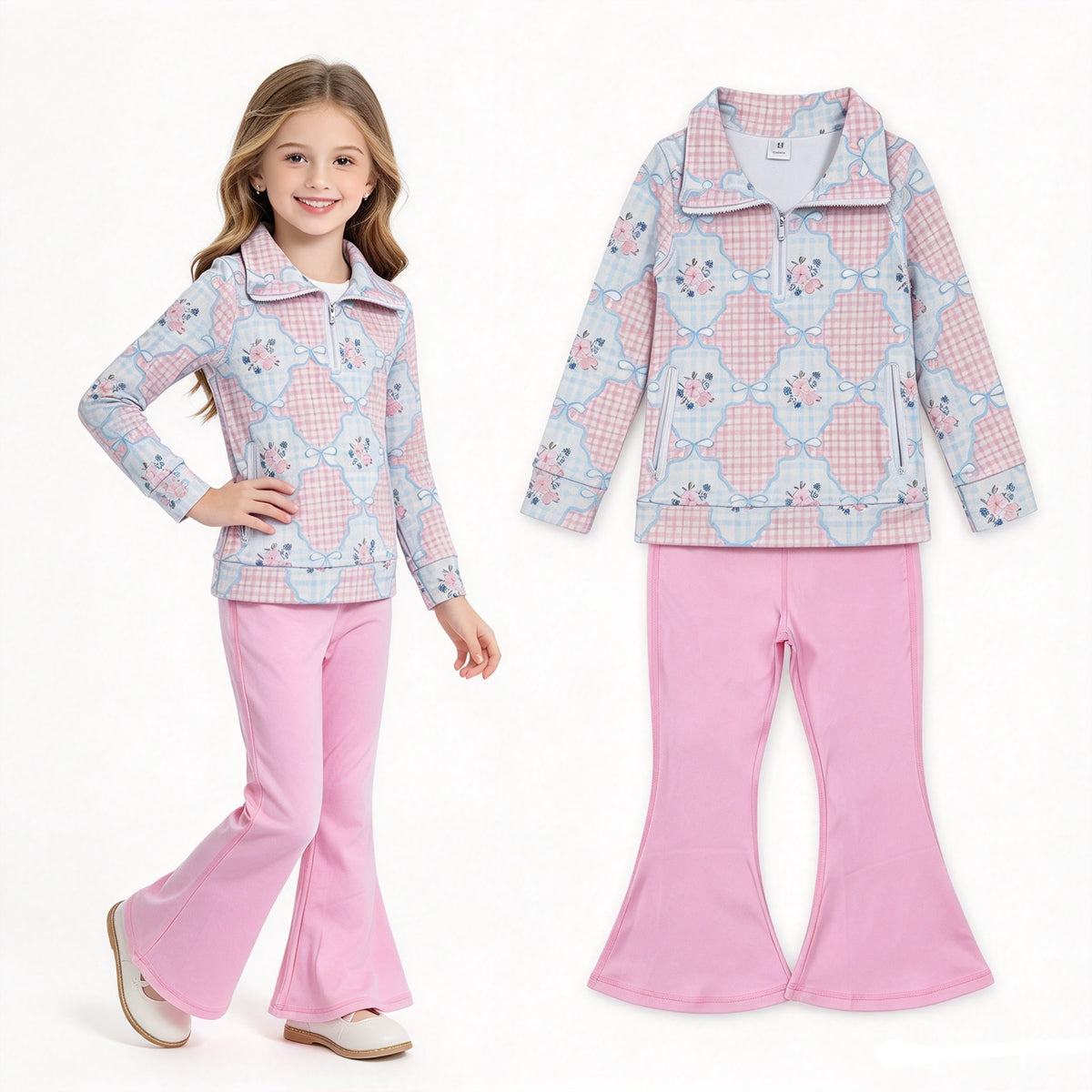 NO MOQ RTS GLP2898 Baby Girl Clothes Gingham Plaid Floral Bow Print Long Sleeve Half Zip Top Solid Pink Flare Pant Set 202610