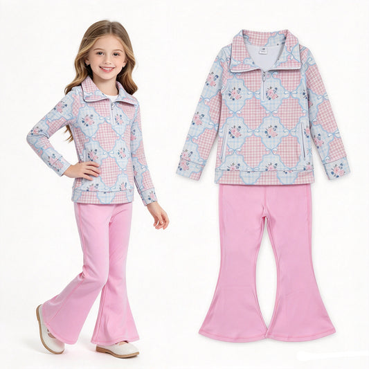 NO MOQ RTS GLP2898 Baby Girl Clothes Gingham Plaid Floral Bow Print Long Sleeve Half Zip Top Solid Pink Flare Pant Set 202610