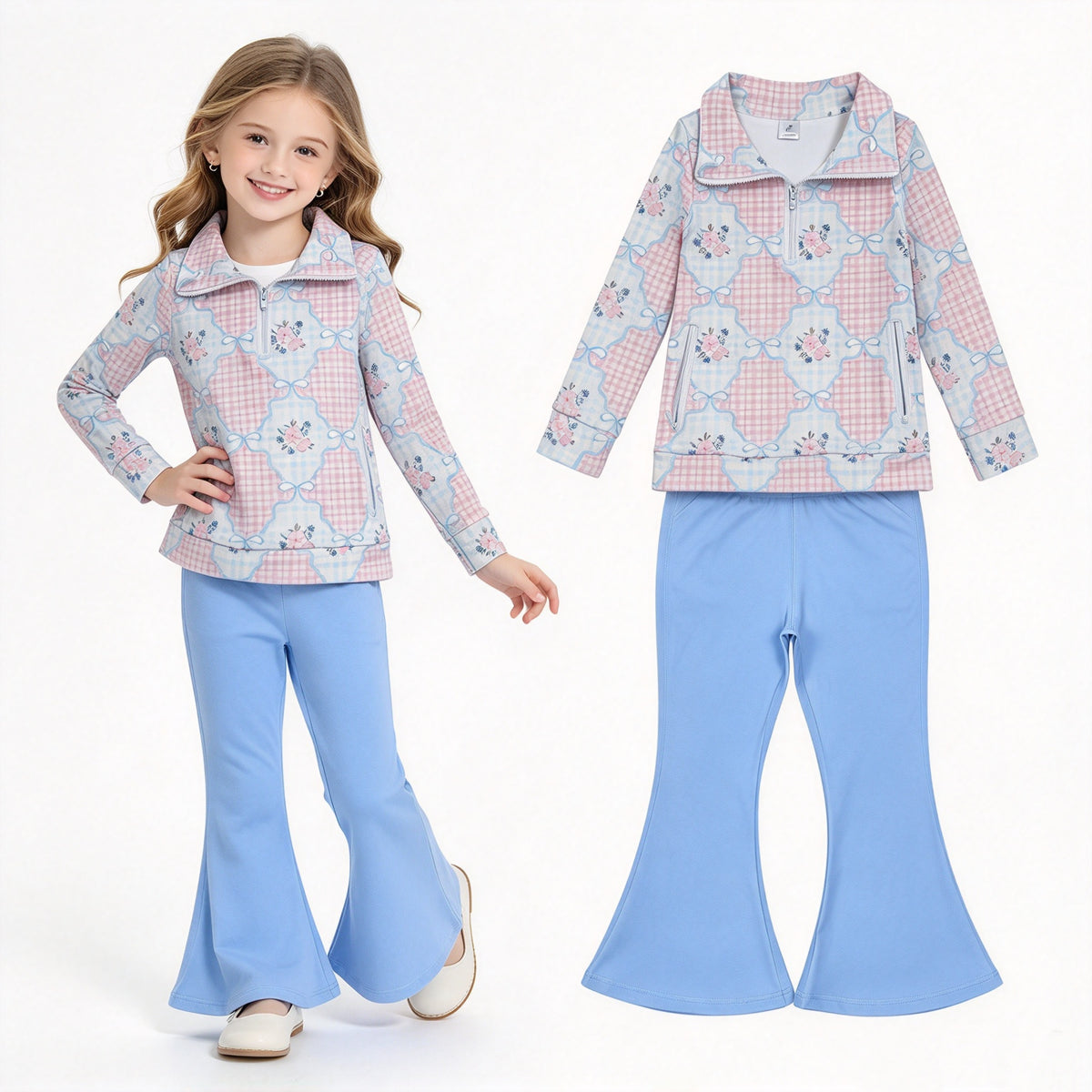 NO MOQ RTS GLP2899 Baby Girl Clothes Gingham Plaid Floral Bow Print Long Sleeve Half Zip Top Solid Blue Flare Pant Set 202610