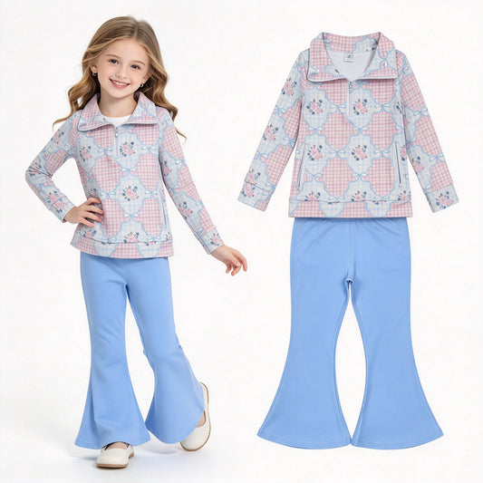 NO MOQ RTS GLP2899 Baby Girl Clothes Gingham Plaid Floral Bow Print Long Sleeve Half Zip Top Solid Blue Flare Pant Set 202610