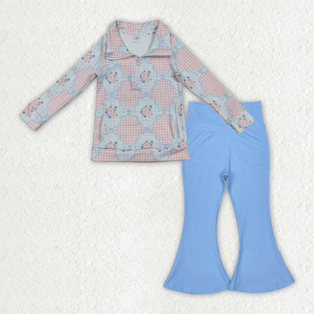 NO MOQ RTS GLP2899 Baby Girl Clothes Gingham Plaid Floral Bow Print Long Sleeve Half Zip Top Solid Blue Flare Pant Set 202610
