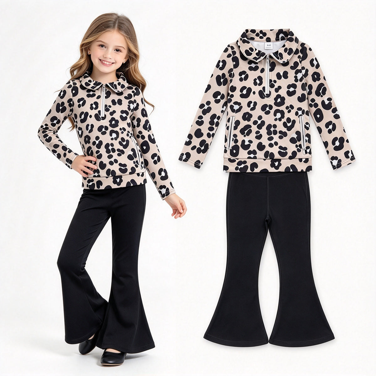 NO MOQ RTS GLP2900 Baby Girl Clothes Classic Leopard Print Long Sleeve Half Zip Top Solid Black Flare Pant Set 202610