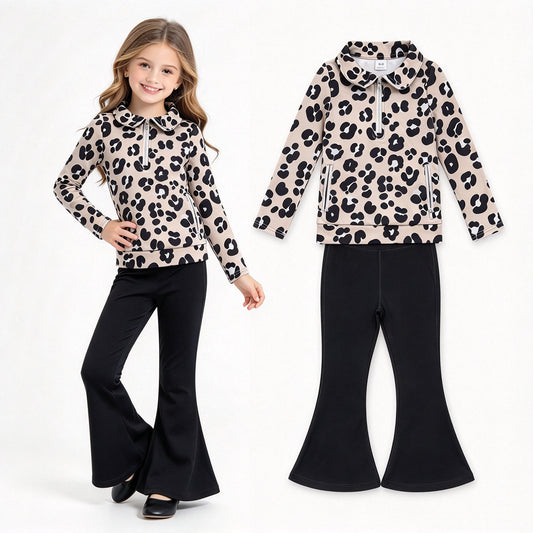 NO MOQ RTS GLP2900 Baby Girl Clothes Classic Leopard Print Long Sleeve Half Zip Top Solid Black Flare Pant Set 202610