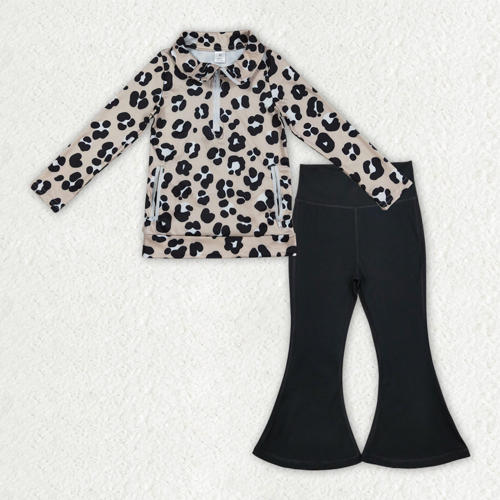 NO MOQ RTS GLP2900 Baby Girl Clothes Classic Leopard Print Long Sleeve Half Zip Top Solid Black Flare Pant Set 202610