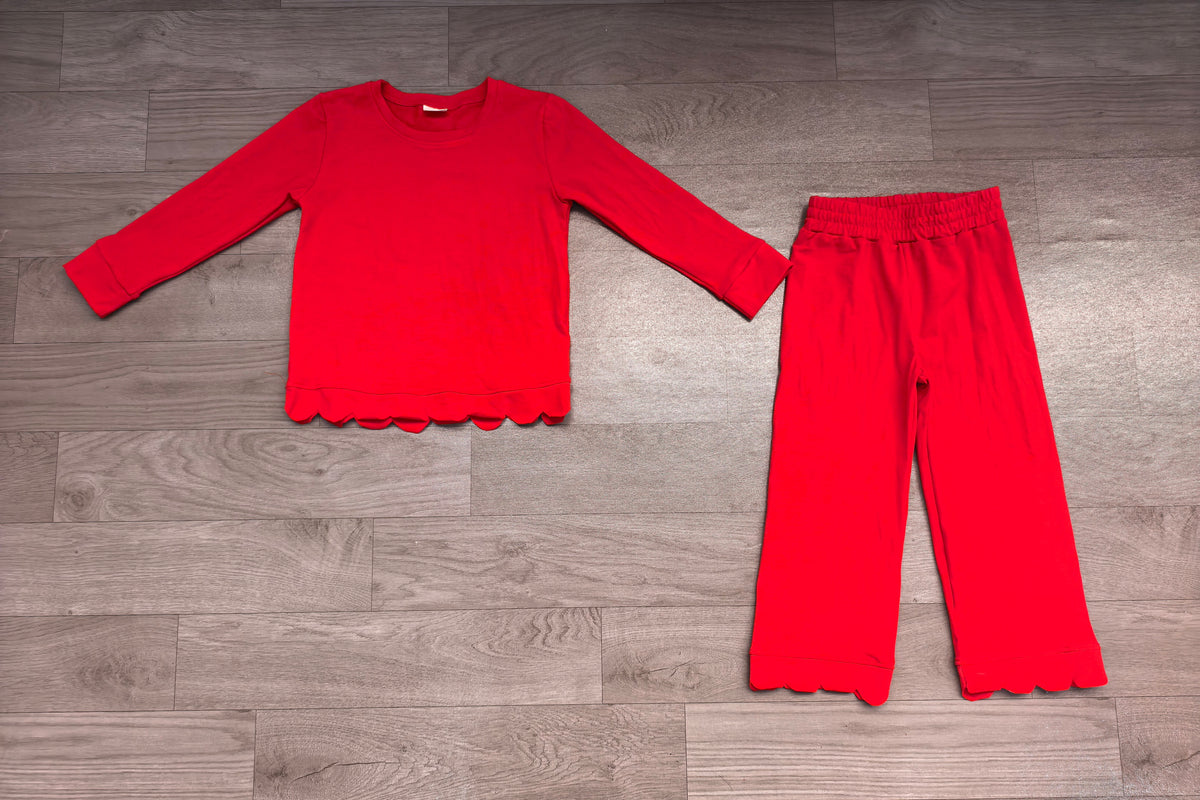 Sample-Real Pics GLP2964 Baby Girl Clothes Solid Red Scallop Trim Long Sleeve Pant Set
