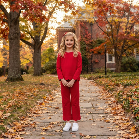 NO MOQ RTS GLP2964 Baby Girl Clothes Solid Red Scallop Trim Plain Long Sleeve Pant Outfit Set 202610
