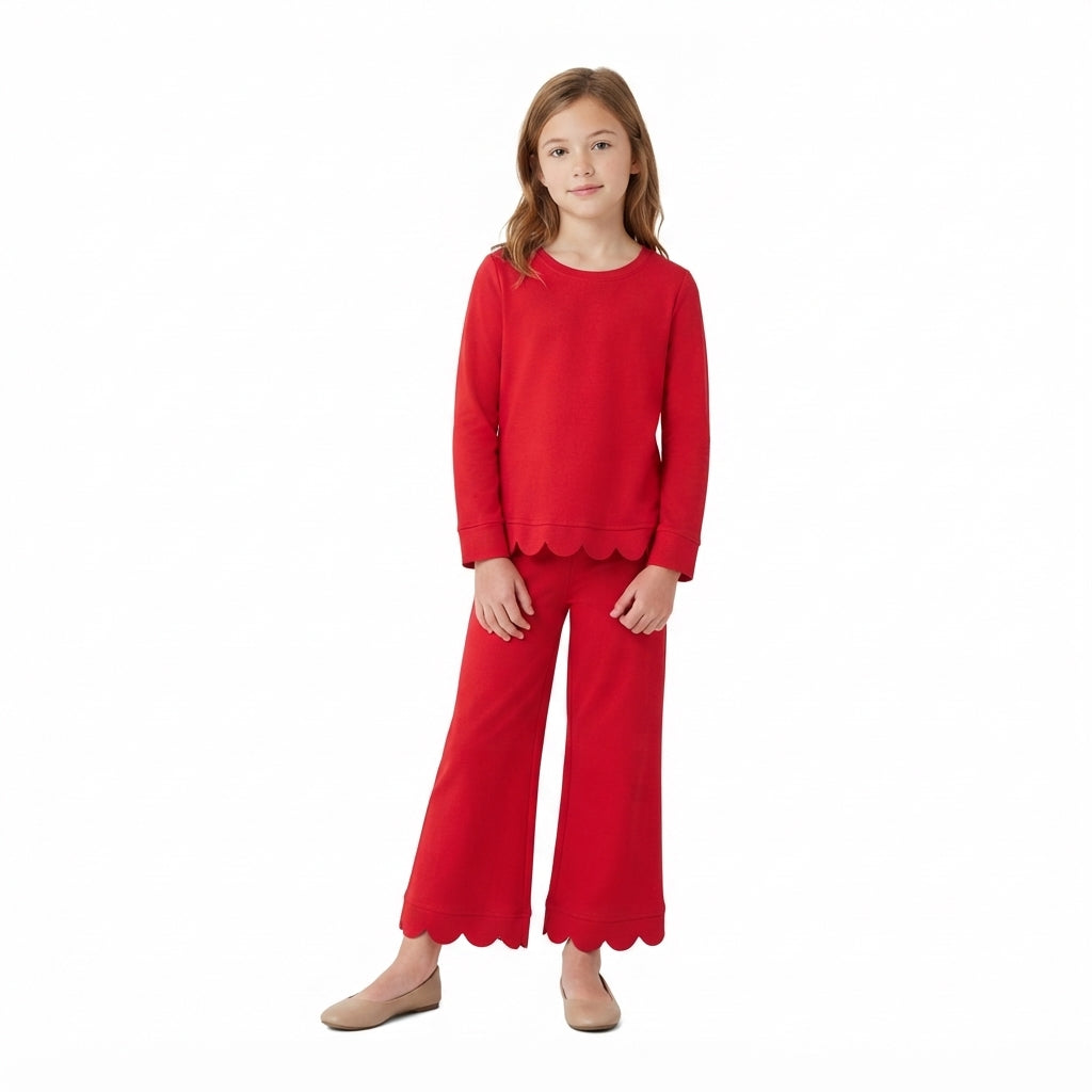 NO MOQ RTS GLP2964 Baby Girl Clothes Solid Red Scallop Trim Plain Long Sleeve Pant Outfit Set 202610
