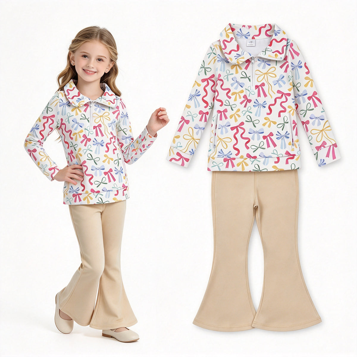 NO MOQ RTS GLP2966 Baby Girl Clothes Colorful Ribbon Bow Print Long Sleeve Half Zip Top Solid Khaki Flare Pant Set 202610