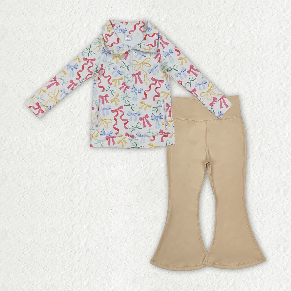 NO MOQ RTS GLP2966 Baby Girl Clothes Colorful Ribbon Bow Print Long Sleeve Half Zip Top Solid Khaki Flare Pant Set 202610