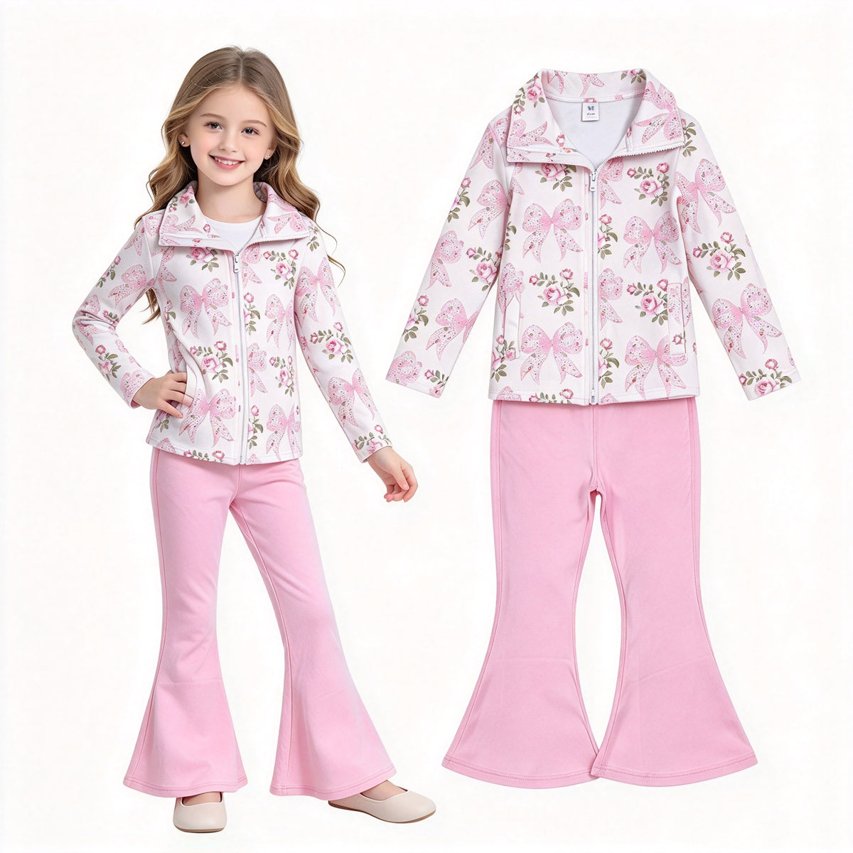 NO MOQ RTS GLP2967 Baby Girl Clothes Pink Bow Rose Floral Print Long Sleeve Full Zip Top Solid Pink Flare Pant Set 202610
