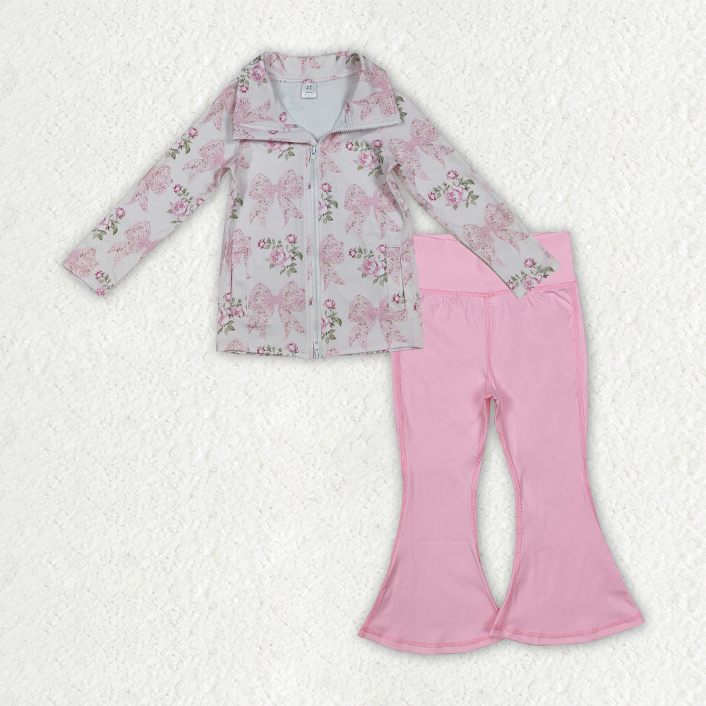 NO MOQ RTS GLP2967 Baby Girl Clothes Pink Bow Rose Floral Print Long Sleeve Full Zip Top Solid Pink Flare Pant Set 202610