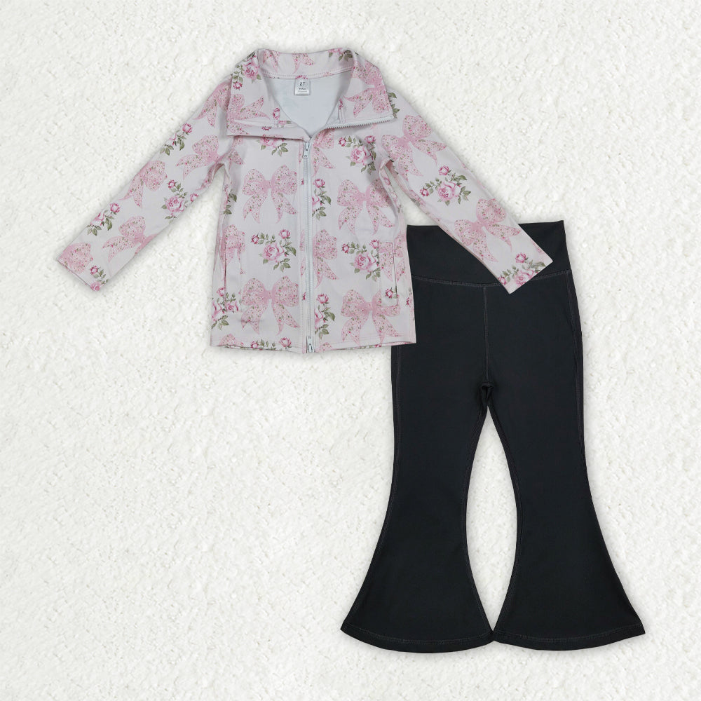 NO MOQ RTS GLP2968 Baby Girl Clothes Pink Bow Rose Floral Print Long Sleeve Full Zip Top Solid Black Flare Pant Set 202610