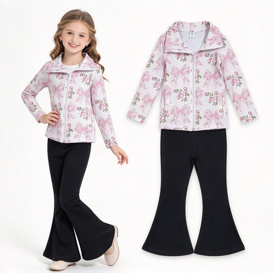 NO MOQ RTS GLP2968 Baby Girl Clothes Pink Bow Rose Floral Print Long Sleeve Full Zip Top Solid Black Flare Pant Set 202610