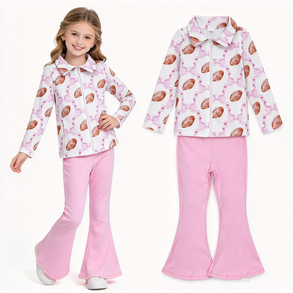 NO MOQ RTS GLP2969 Baby Girl Clothes Football Pink Ribbon Bow Print Long Sleeve Full Zip Top Solid Pink Flare Pant Set 202610