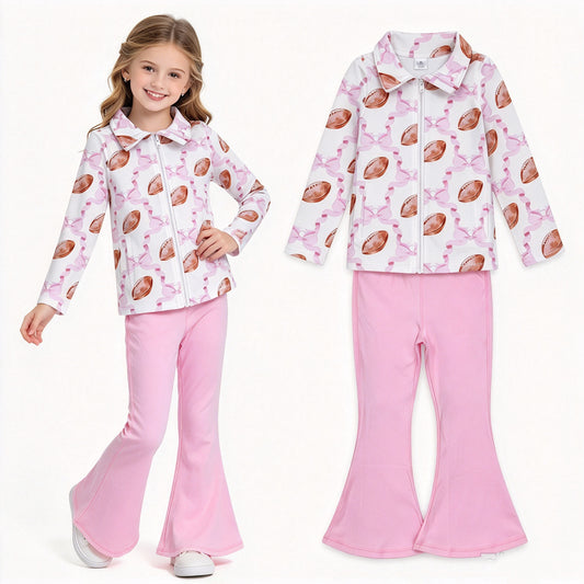 NO MOQ RTS GLP2969 Baby Girl Clothes Football Pink Ribbon Bow Print Long Sleeve Full Zip Top Solid Pink Flare Pant Set 202610