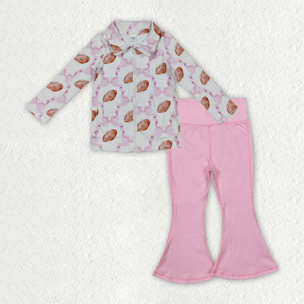 NO MOQ RTS GLP2969 Baby Girl Clothes Football Pink Ribbon Bow Print Long Sleeve Full Zip Top Solid Pink Flare Pant Set 202610