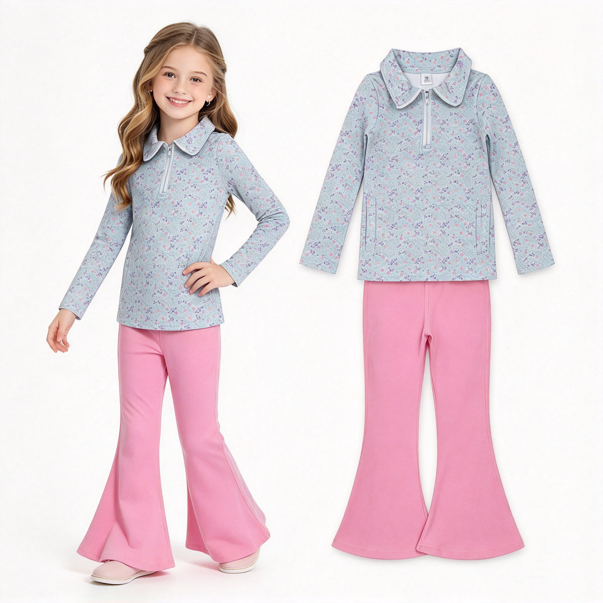 NO MOQ RTS GLP2970 Baby Girl Clothes Tiny Purple Pink Dot Floral Print Long Sleeve Half Zip Top Solid Pink Flare Pant Set 202610