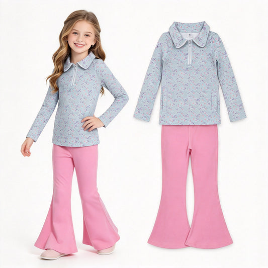 NO MOQ RTS GLP2970 Baby Girl Clothes Tiny Purple Pink Dot Floral Print Long Sleeve Half Zip Top Solid Pink Flare Pant Set 202610