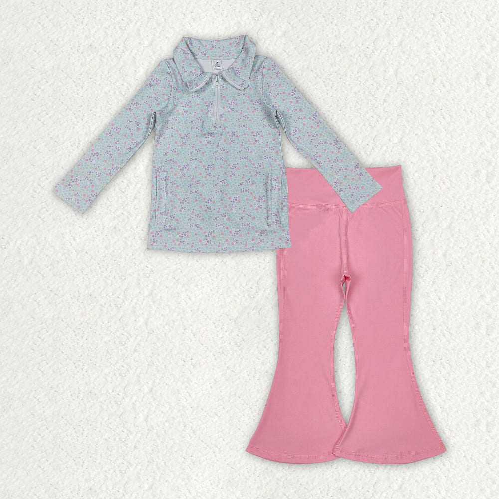 NO MOQ RTS GLP2970 Baby Girl Clothes Tiny Purple Pink Dot Floral Print Long Sleeve Half Zip Top Solid Pink Flare Pant Set 202610