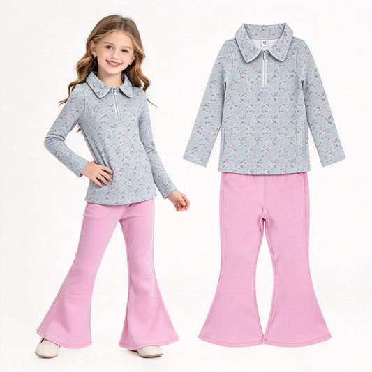 NO MOQ RTS GLP2971 Baby Girl Clothes Tiny Purple Pink Dot Floral Print Long Sleeve Half Zip Top Solid Pink Flare Pant Set 202610