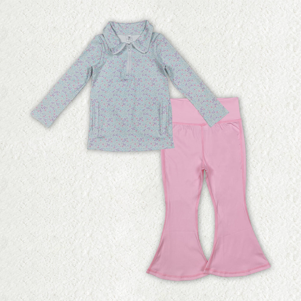 NO MOQ RTS GLP2971 Baby Girl Clothes Tiny Purple Pink Dot Floral Print Long Sleeve Half Zip Top Solid Pink Flare Pant Set 202610