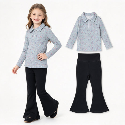 NO MOQ RTS GLP2972 Baby Girl Clothes Tiny Purple Pink Dot Floral Print Long Sleeve Half Zip Top Solid Black Flare Pant Set 202610