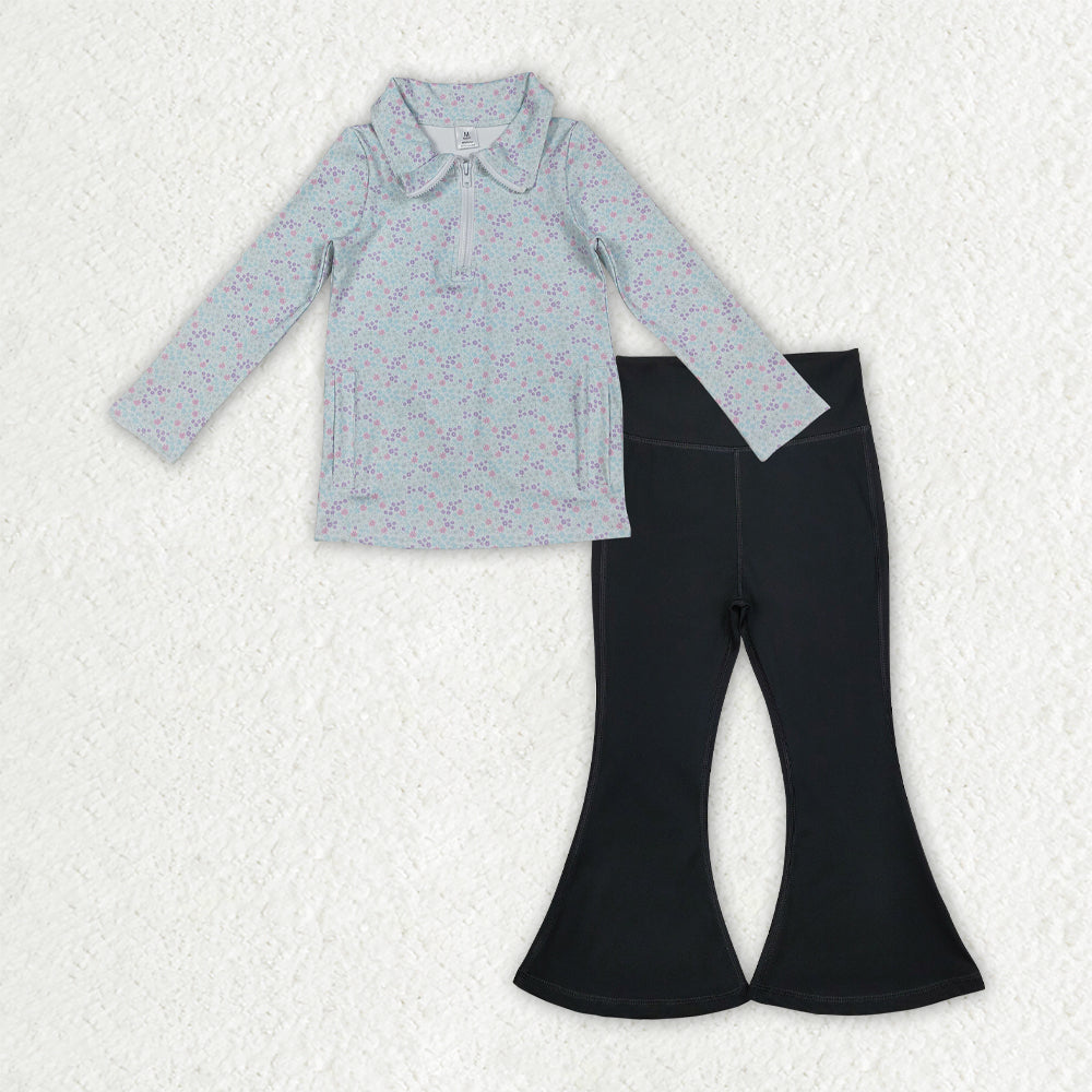 NO MOQ RTS GLP2972 Baby Girl Clothes Tiny Purple Pink Dot Floral Print Long Sleeve Half Zip Top Solid Black Flare Pant Set 202610