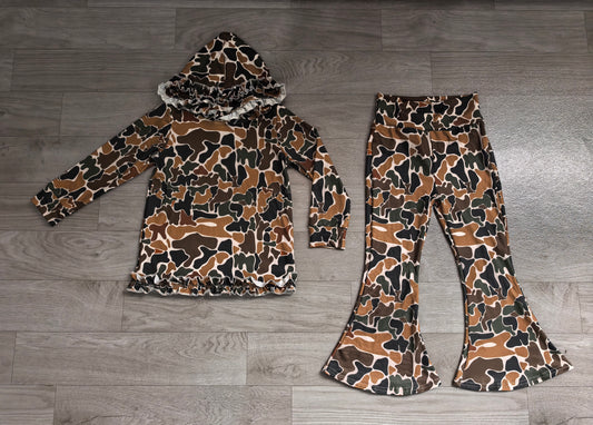 Sample-Real Pics GLP3078 Baby Girl Clothes Camo Print Long Sleeve Ruffle Hooded Top Flare Pant Set