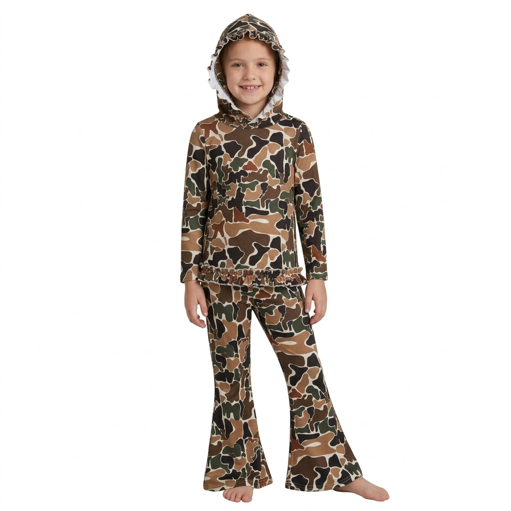 NO MOQ RTS GLP3078 Baby Girl Clothes Camo Print Ruffled Hooded Long Sleeve Top Flare Pant Outfit Set 202610