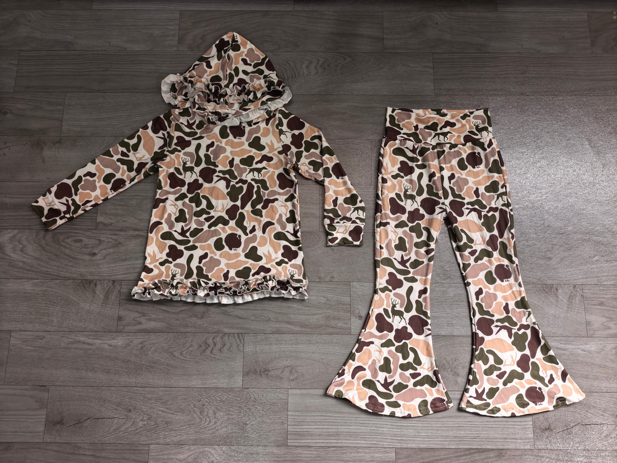 Sample-Real Pics GLP3079 Baby Girl Clothes Deer Camo Print Long Sleeve Ruffle Hooded Top Flare Pant Set