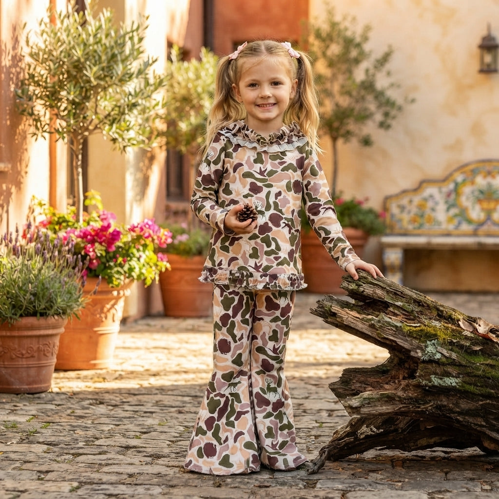 NO MOQ RTS GLP3079 Baby Girl Clothes Deer Camo Allover Print Long Sleeve Ruffle Hoodie Flare Pant Set 202609