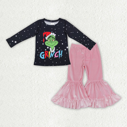 GLP3185组合 grinch  Christmas pink velvet short sleeve kids girl outfit 202511 RTS