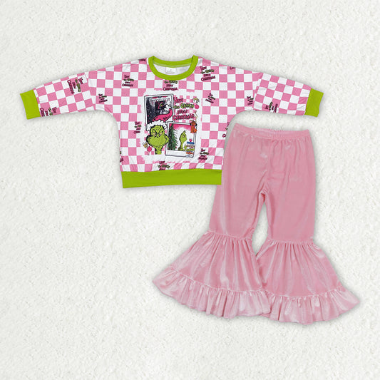 GLP3187 组合 grinch  Christmas pink velvet short sleeve kids girl outfit 202511 RTS