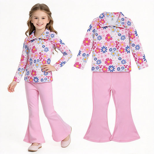 NO MOQ RTS GLP3273 Baby Girl Clothes Bright Multicolor Daisy Floral Print Long Sleeve Half Zip Top Solid Pink Flare Pant Set 202610