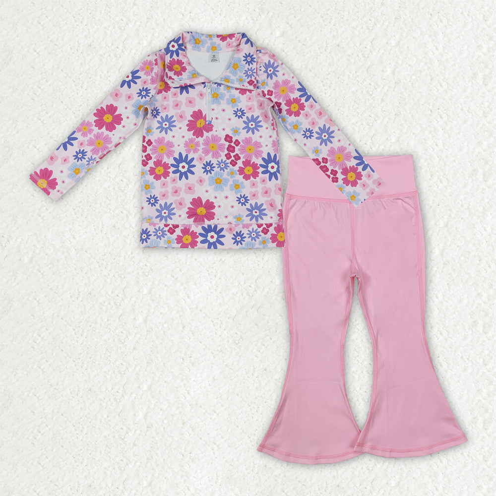 NO MOQ RTS GLP3273 Baby Girl Clothes Bright Multicolor Daisy Floral Print Long Sleeve Half Zip Top Solid Pink Flare Pant Set 202610
