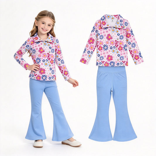 NO MOQ RTS GLP3274 Baby Girl Clothes Bright Multicolor Daisy Floral Print Long Sleeve Half Zip Top Solid Blue Flare Pant Set 202610